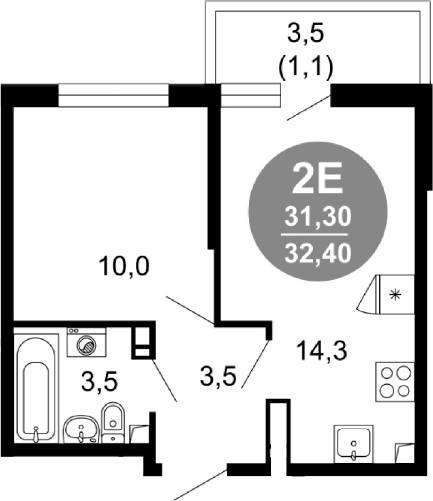 Планировка евродвушка (2Е) 32.4 м² в ЖК «Лестория», корпус 5