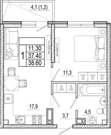 Планировка евродвушка (2Е) 38.6 м² в ЖК «Лестория», корпус 1