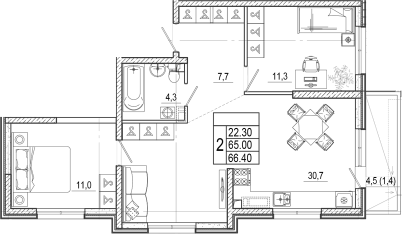 Планировка евротрёшка (3Е) 66.4 м² в ЖК «Лестория», корпус 1