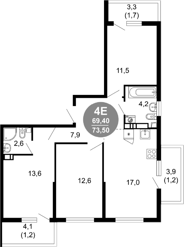 Планировка евро-4 (4Е) 73.5 м² в ЖК «Лестория», корпус 5