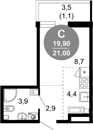 Планировка Студии 21 м² в ЖК «Лестория», корпус 6