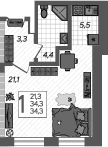 Планировка Студии 36.7 м² в ЖК «Летний», корпус 3