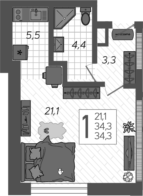 Планировка Студии 36.8 м² в ЖК «Летний», корпус 3