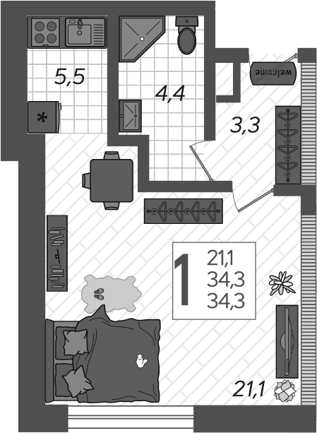 Планировка Студии 37.4 м² в ЖК «Летний», корпус 5
