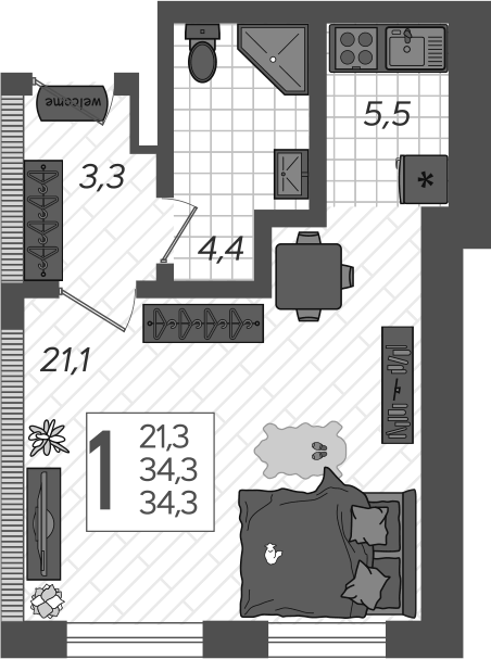 Планировка Студии 37.5 м² в ЖК «Летний», корпус 5