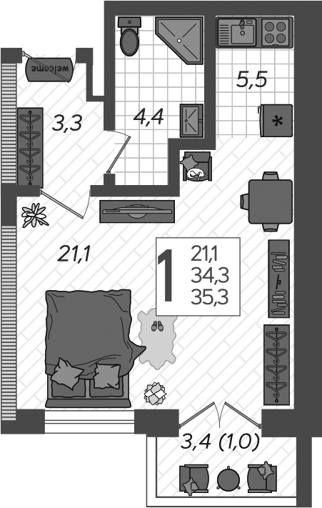Планировка Студии 37.99 м² в ЖК «Летний», корпус 5