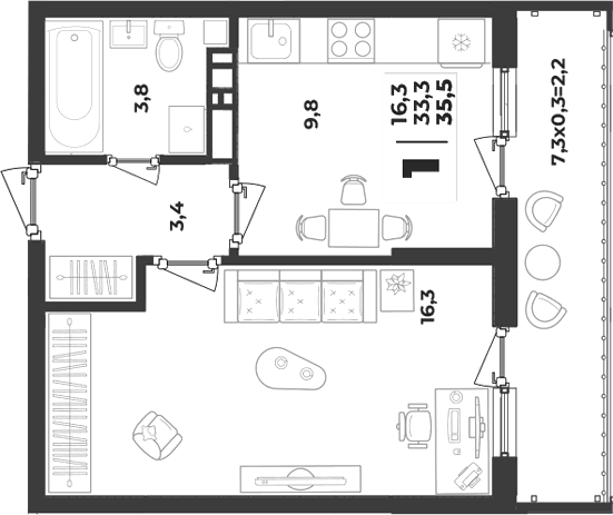 Планировка однокомнатная 35.5 м² в ЖК «Лето», корпус 2.4