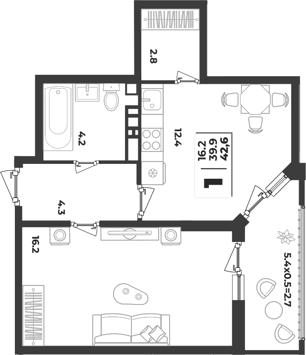 Планировка однокомнатная 42.6 м² в ЖК «Лето», корпус 2.4