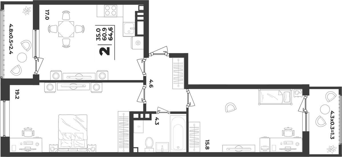 Планировка двухкомнатная 64.6 м² в ЖК «Лето», корпус 2.4