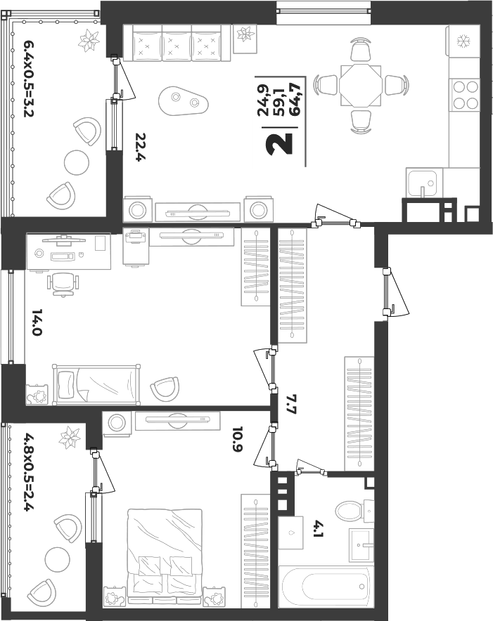 Планировка двухкомнатная 64.7 м² в ЖК «Лето», корпус 2.4
