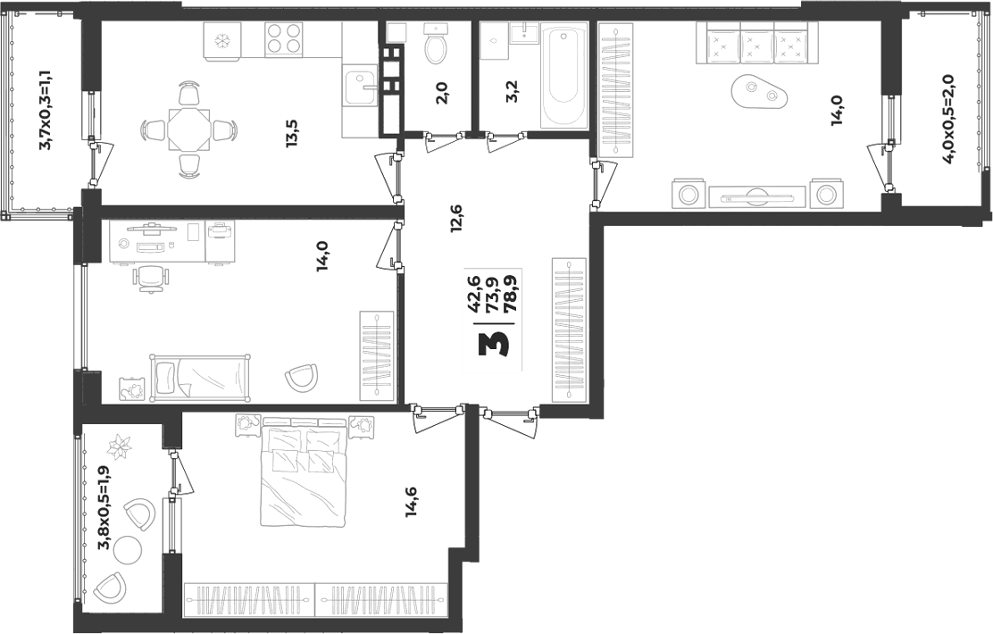 Планировка трёхкомнатная 78.9 м² в ЖК «Лето», корпус 2.4