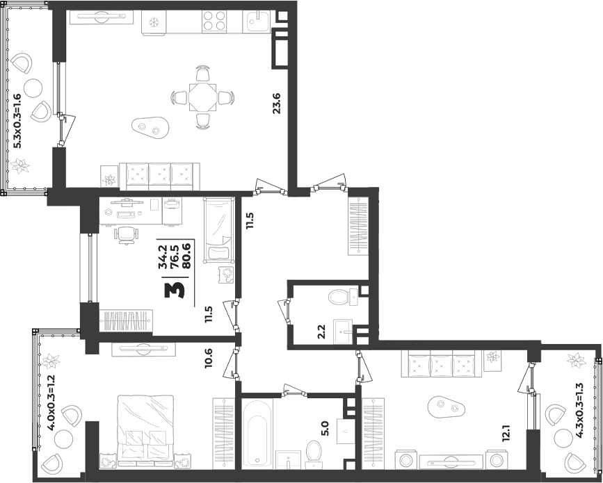 Планировка трёхкомнатная 80.6 м² в ЖК «Лето», корпус 2.4