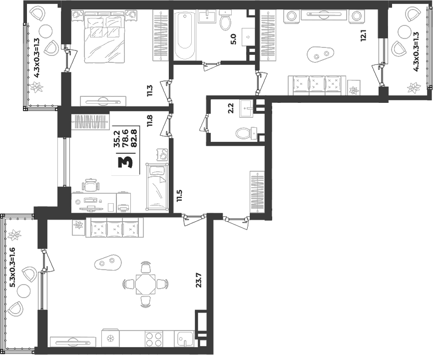 Планировка трёхкомнатная 82.8 м² в ЖК «Лето», корпус 2.4