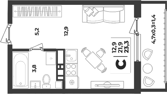 Планировка Студии 23.3 м² в ЖК «Лето», корпус 2.4