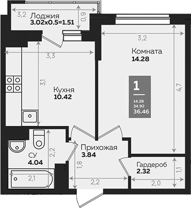Планировка однокомнатная 36.52 м² в ЖК «Левада», корпус 6