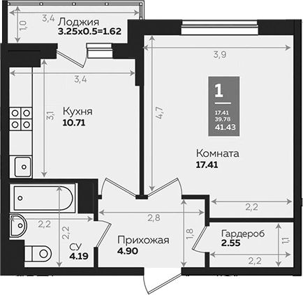 Планировка однокомнатная 41.43 м² в ЖК «Левада», корпус 6