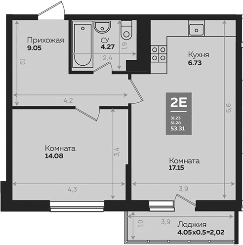 Планировка евродвушка (2Е) 53.31 м² в ЖК «Левада», корпус 6