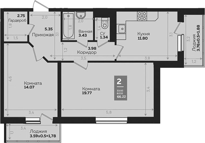 Планировка двухкомнатная 66.22 м² в ЖК «Левада», корпус 6
