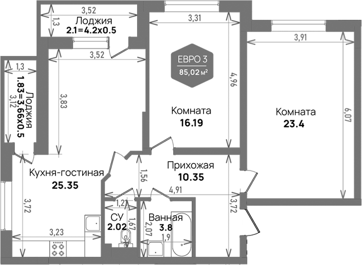 Планировка евротрёшка (3Е) 85.02 м² в ЖК «Левада», корпус 6