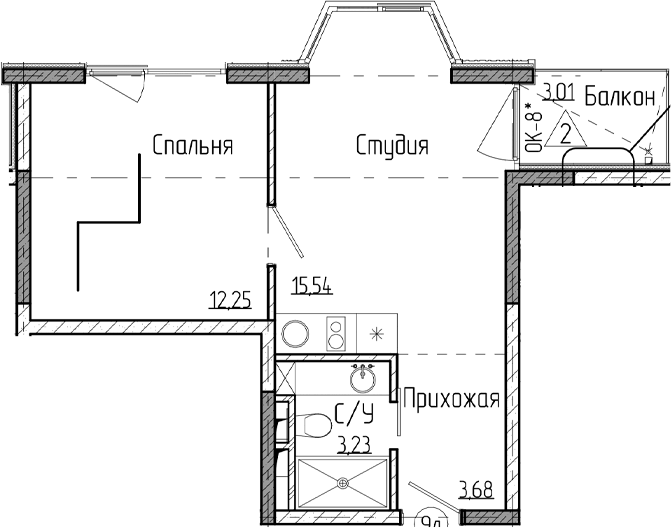 Планировка однокомнатная 36.3 м² в ЖК «Лучезарный», корпус 9