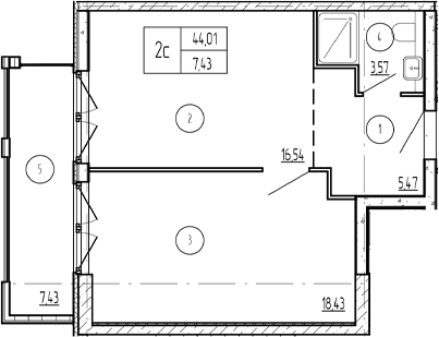 Планировка однокомнатная 44.01 м² в ЖК «Лучи», корпус 3 Азимут Резиденс