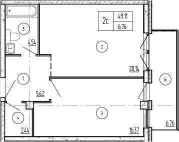 Планировка однокомнатная 55.87 м² в ЖК «Лучи», корпус 3 Азимут Резиденс