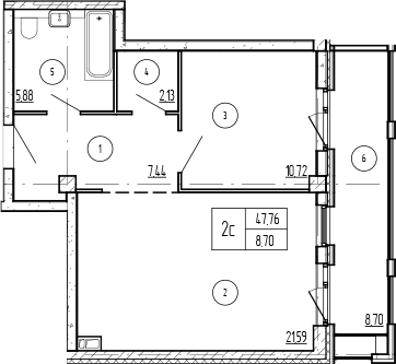 Планировка однокомнатная 56.46 м² в ЖК «Лучи», корпус 3 Азимут Резиденс
