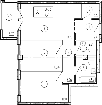 Планировка двухкомнатная 58.92 м² в ЖК «Лучи», корпус 3 Азимут Резиденс