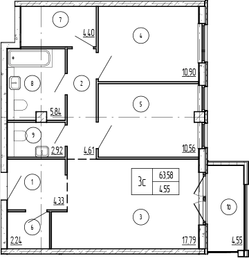 Планировка двухкомнатная 68.13 м² в ЖК «Лучи», корпус 3 Азимут Резиденс