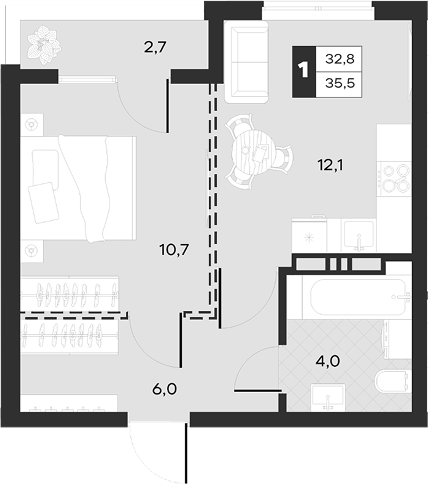Планировка однокомнатная 35.5 м² в ЖК «Луиджи», корпус 10