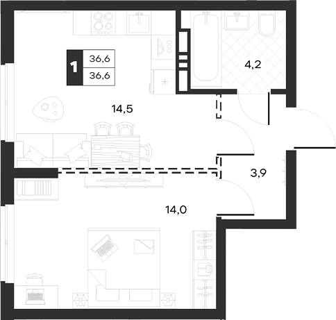 Планировка однокомнатная 36.63 м² в ЖК «Луиджи», корпус 10