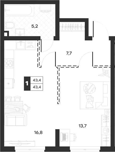 Планировка однокомнатная 43.38 м² в ЖК «Луиджи», корпус 10