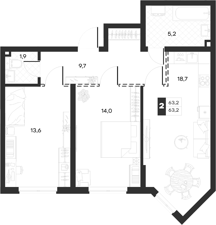 Планировка двухкомнатная 63.18 м² в ЖК «Луиджи», корпус 10