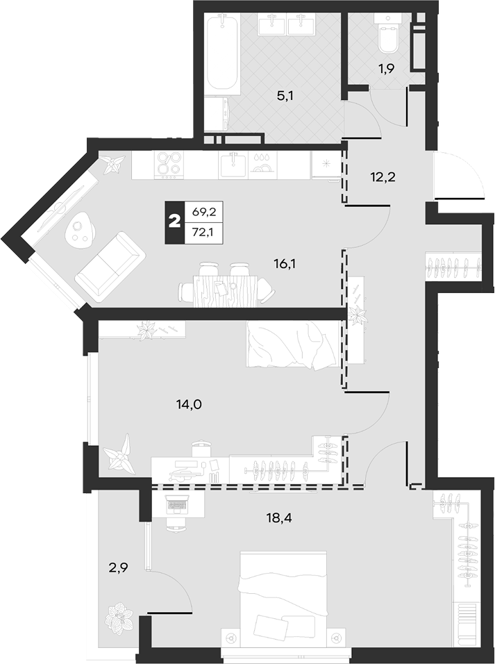 Планировка двухкомнатная 70.56 м² в ЖК «Луиджи», корпус 10