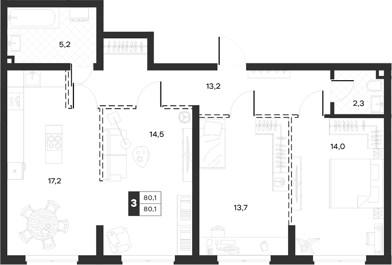 Планировка трёхкомнатная 80.05 м² в ЖК «Луиджи», корпус 10