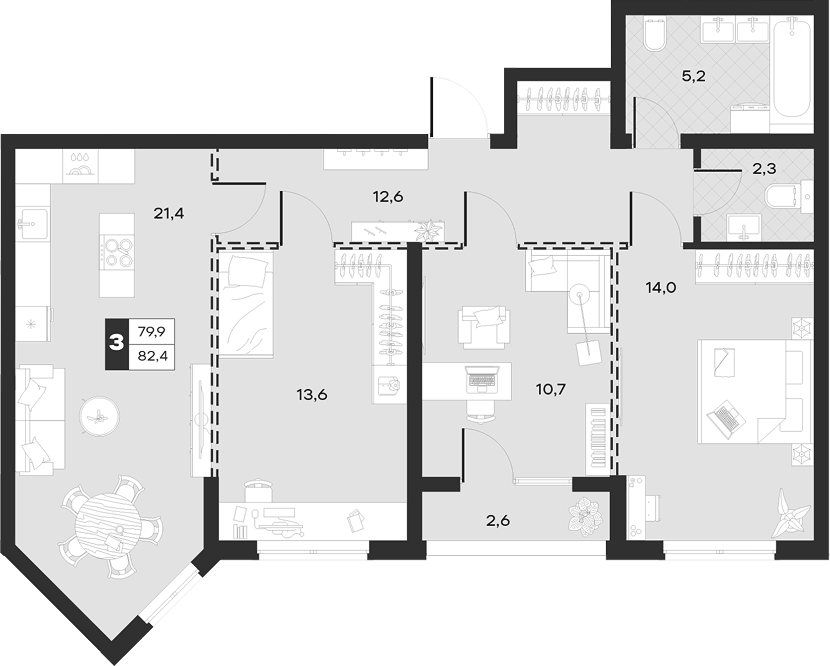 Планировка трёхкомнатная 82.42 м² в ЖК «Луиджи», корпус 10