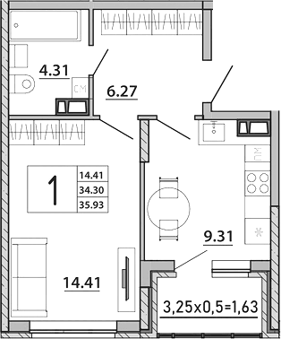Планировка однокомнатная 35.93 м² в ЖК «Любимый дом. СЗ СтройГрупп», корпус 2