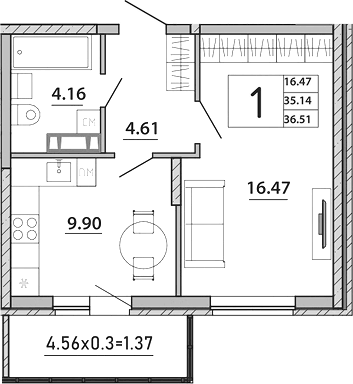 Планировка однокомнатная 36.51 м² в ЖК «Любимый дом. СЗ СтройГрупп», корпус 1