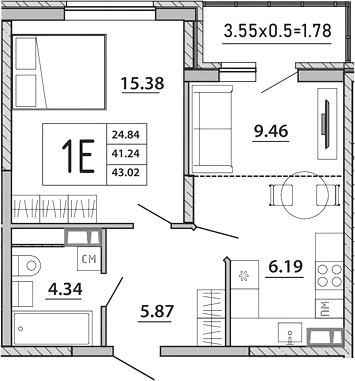Планировка евродвушка (2Е) 43.02 м² в ЖК «Любимый дом. СЗ СтройГрупп», корпус 2