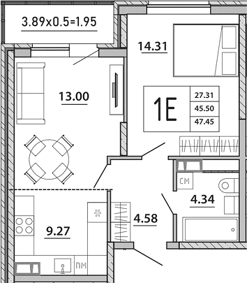 Планировка евродвушка (2Е) 47.45 м² в ЖК «Любимый дом. СЗ СтройГрупп», корпус 2