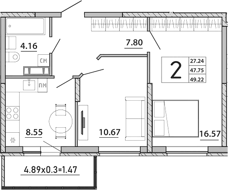 Планировка двухкомнатная 49.22 м² в ЖК «Любимый дом. СЗ СтройГрупп», корпус 2