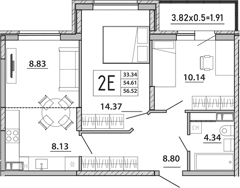 Планировка евротрёшка (3Е) 56.52 м² в ЖК «Любимый дом. СЗ СтройГрупп», корпус 1