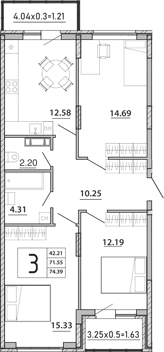 Планировка трёхкомнатная 74.39 м² в ЖК «Любимый дом. СЗ СтройГрупп», корпус 1
