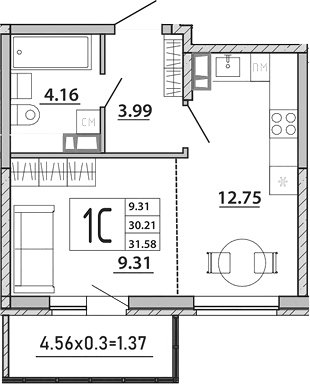 Планировка Студии 31.58 м² в ЖК «Любимый дом. СЗ СтройГрупп», корпус 1