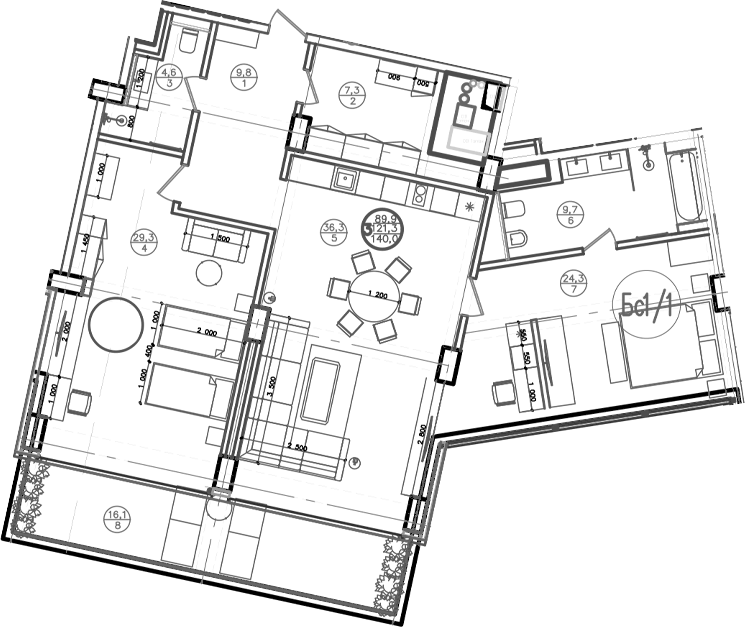 Планировка двухкомнатная 142.2 м² в ЖК «Mandarin Garden Hotel», корпус 1