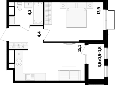 Планировка однокомнатная 39.5 м² в ЖК «МегаСити», корпус 2.2