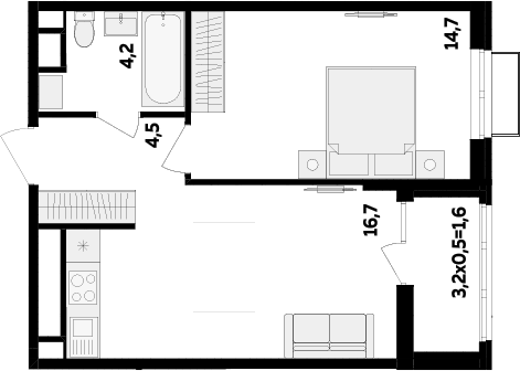 Планировка однокомнатная 41.7 м² в ЖК «МегаСити», корпус 2.2