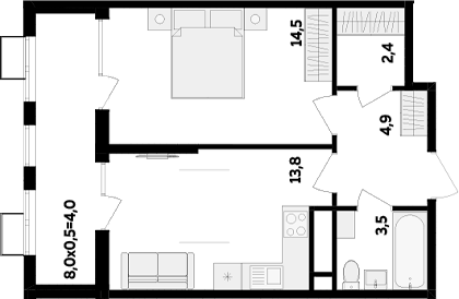 Планировка однокомнатная 43.1 м² в ЖК «МегаСити», корпус 2.2