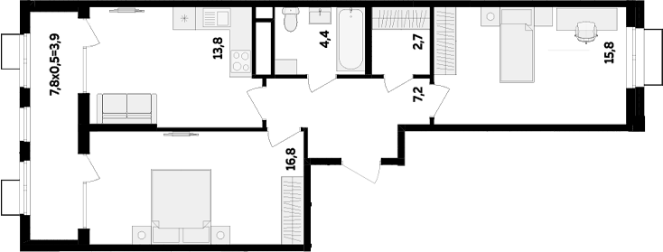 Планировка двухкомнатная 64.6 м² в ЖК «МегаСити», корпус 2.2