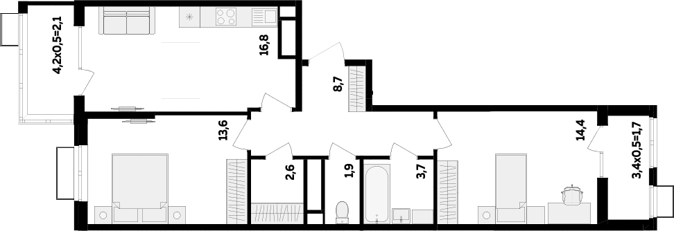 Планировка двухкомнатная 65.5 м² в ЖК «МегаСити», корпус 2.2